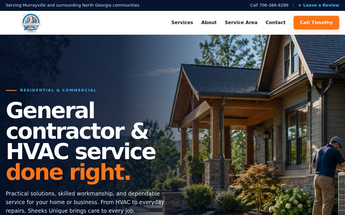 Sheeks Unique website, featuring a home exterior and a navy and orange contractor and HVAC service design.